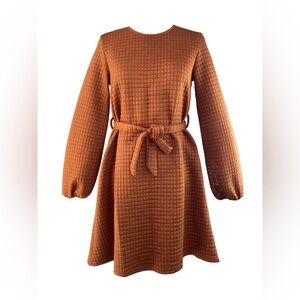SHEIN Girls 11/ 12Y Brown Quilted Belted Knee Length Dress Bishop Long Sleeves
